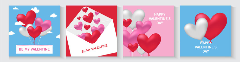 Valentines Day greeting card Creative concept. Trendy minimalist design with pink sky and 3d red and pink balloon hearts frame. Cute love sale banner greeting card. Valentine's day, vertical banners.