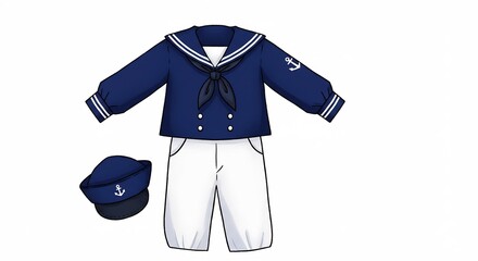 Adorable flat lay illustration of a complete kids sailor uniform isolated on white perfect for summer and sea themes. AI Generated