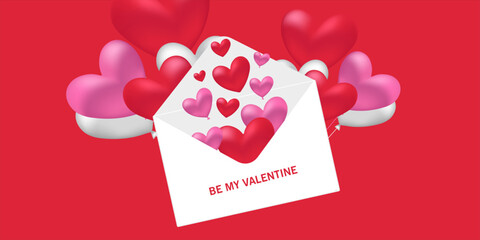 Valentines Day greeting card Creative concept. Trendy minimalist design with pink sky and 3d red and pink balloon hearts frame. Cute love sale banner greeting card. Valentine's day, vertical banners.