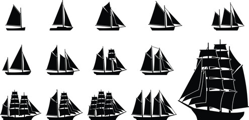 Set of black sailing ship silhouettes, showing sailboats yachts and historic tall ships, isolated on white background maritime nautical illustration © Rokeya