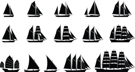 Set of black sailing ship silhouettes showing sailboats yachts and historic tall ships isolated on white background maritime nautical illustration © Rokeya