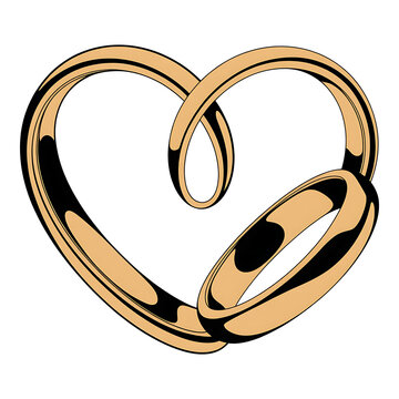Two golden wedding rings intertwined in a minimalist heart shape, symbolizing eternal love, unity, and marital commitment