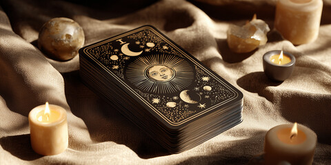 Tarot cards placed on fabric with candles in mystical ambiance  