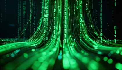 glowing green binary computer code flow and cybersecurity programming concept perfect for data privacy day