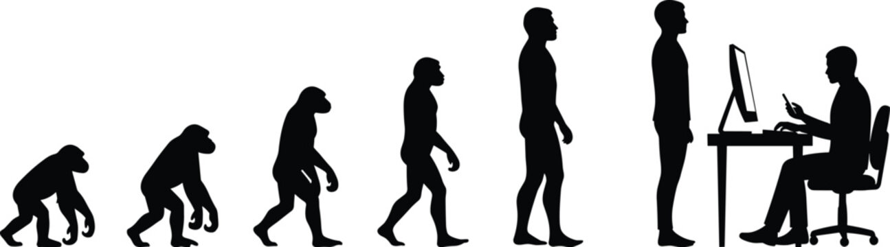 Human evolution silhouette transition from ape to upright man ending with a modern office worker at a computer desk station.