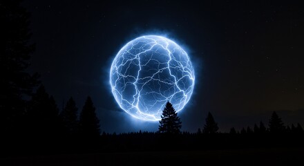 Mysterious glowing blue energy sphere with electric arcs illuminating dark forest silhouettes at night. AI Generated