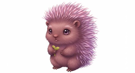 Sweet pink hedgehog with glowing purple quills holding a small green leaf soft ethereal light digital cartoon artwork. AI Generated