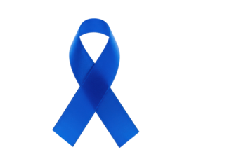 Vibrant royal blue satin awareness ribbon, symbolically tied, on white background with copy space, soft shadow, Concept of global health awareness and solidarity.