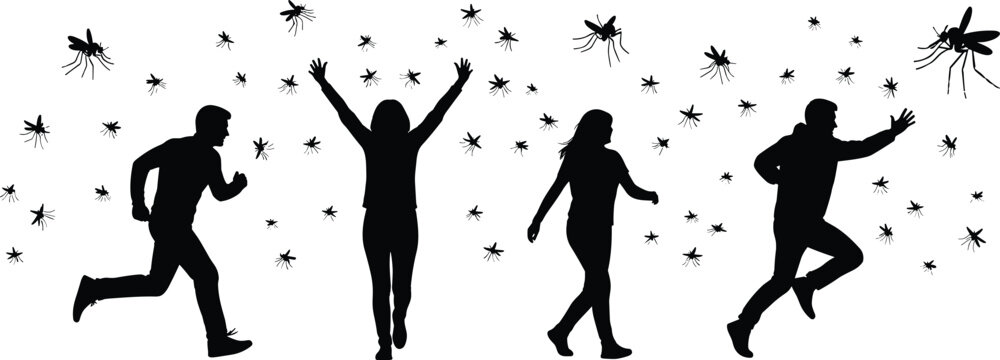 People silhouettes running and reacting to flying insects, fear and panic concept illustration, humorous human behavior scene isolated on white