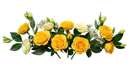 Horizontal display of fresh dewy yellow roses, eustoma, green leaves, and white filler flowers on a bright white studio background with copy space, celebrating refined elegance