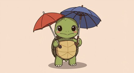 A cute cartoon turtle holds two colorful umbrellas with a whimsical charm in this delightful character design. AI Generated