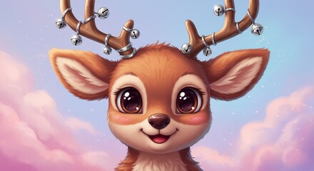 Sweet baby deer with bell adorned antlers glows softly in a magical festive pastel dream. AI Generated