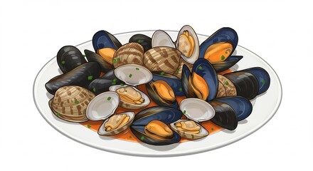 Appetizing vector illustration of fresh mussels and clams on a white plate with savory sauce clean graphic style. AI Generated