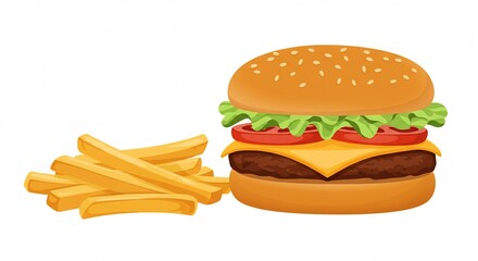 Classic fast food combo of a juicy cartoon cheeseburger and perfectly golden fries rendered as a bright vector graphic. AI Generated