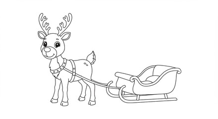 Adorable smiling cartoon reindeer pulling an empty sleigh in a cheerful outline drawing ready for children to color. AI Generated