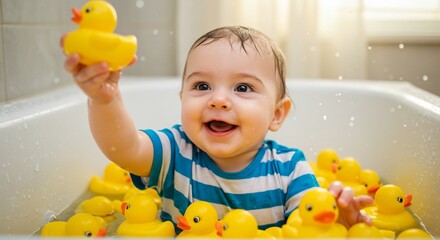 Smiling baby joyfully splashing with yellow rubber ducks in a bright sunlit bathtub pure bath time fun. AI Generated