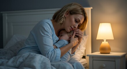 Loving mother tenderly embraces her sleeping infant bathed in a serene soft glow from the bedside lamp at night. AI Generated