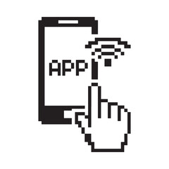 Pixelated illustration of a hand touching a smartphone displaying an app icon