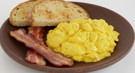 Bright studio light illuminates a classic breakfast of fluffy eggs crispy bacon and golden toast on a brown plate.. AI Generated