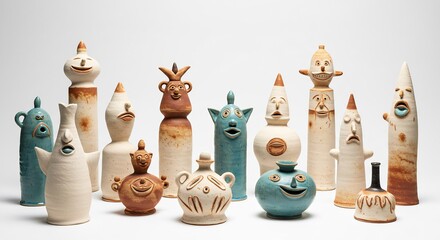 Lively handcrafted ceramic figures whimsically arranged showcasing diverse artistic pottery shapes and earthy tones. AI Generated