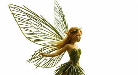 Ethereal fairy figure with delicate green leaf wings glowing brightly against a pure white high key background. AI Generated
