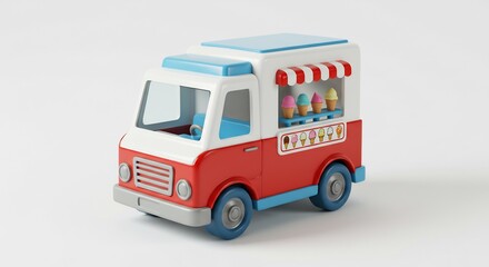 Brightly lit miniature red ice cream truck toy proudly shows vibrant frozen treats against a pure white background. AI Generated