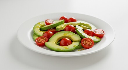 Vibrant avocado slices and halved tomatoes on white plate bathed in bright clean light. AI Generated