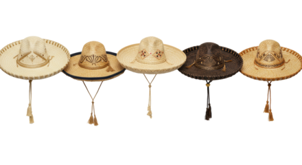 Five unique sombreros in beige to brown hues, varied straw textures, hand-stitched embroidery, and tassels, against a transparent background. Cultural appreciation concept