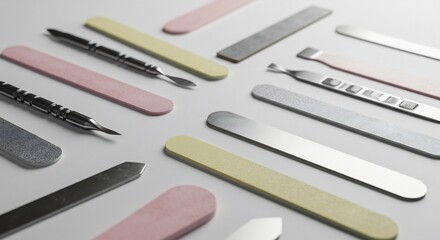 Diverse metal and abrasive nail files presented with a clean minimalist aesthetic for beauty salon needs. AI Generated