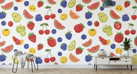 Vibrant cartoon fruit wallpaper joyful repeating pattern adorable smiling fruits creating a cheerful aesthetic. AI Generated