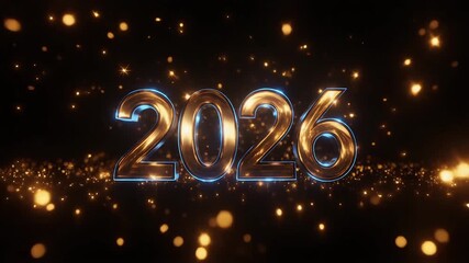 Shiny gold 2026 numbers on dark background with blue neon lights