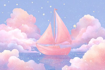 Sailboat floating through dreamy clouds, stars and sky.