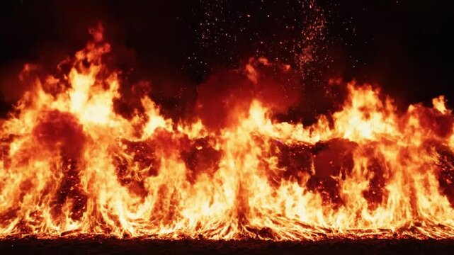A video shows a large fire burning intensely at night with flames and sparks flying everywhere in a mesmerizing display of heat and light.