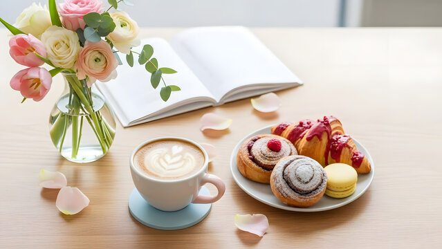 Cozy morning breakfast scene with fresh pastries latte art coffee a bouquet of flowers and an open book on a wooden table - Powered by Adobe