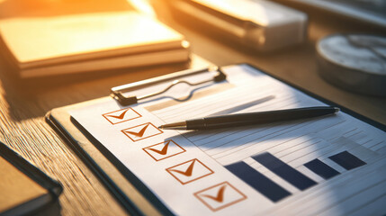 Detailed document with quality certificate and checklist target marketing concept. A close-up of a checklist and graph on a wooden table.