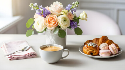 A tranquil breakfast scene featuring a steaming cup of coffee a plate of fresh pastries and a floral bouquet in bright morning light