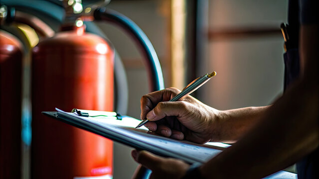 Man filling out smoke sensor and extinguisher checklist concept. A hand writing on a clipboard near fire extinguishers.