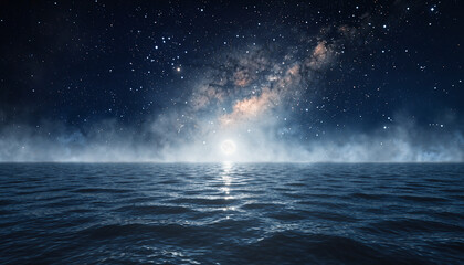 霧に包まれた銀河と月の海：Misty Galaxy and Moon Over the Ocean
