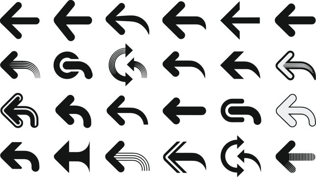 Set of left arrow icons, curved arrows, U-turn and curved direction symbols, vector design of flow and navigation arrows