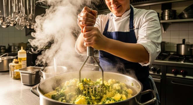 A cook mashing hot potatoes and kale for boerenkool stamppot, the masher creating textured patterns with steam rising dramatically.