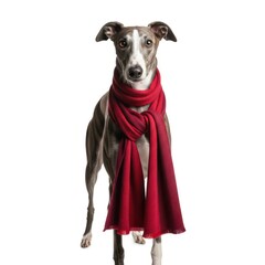 Elegant Brindle Whippet Dog Wearing a Thick Red Knitted Scarf Standing Against a White Background Studio Portrait