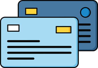 Flat design icon of two overlapping blue bank cards with yellow chips and abstract text lines.