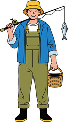 Smiling cartoon fisherman in a yellow hat holding a fishing rod with a caught fish and a wicker basket.
