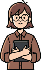 Smiling cartoon character with brown hair and round glasses holding a black book.