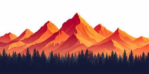 A vibrant orange sunset ignites the mountain landscape as fire in the sky reflects over a misty forest valley and silhouetted hills at dusk