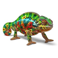 Obraz premium Vibrant Chameleon Displaying Tropical Hawaiian Shirt Pattern Body With Palm Trees And Hibiscus Flowers Against White Background Detailed Texture Close Up Macro View