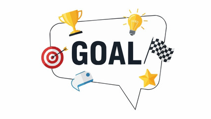Goal Achievement Illustration with Trophy, Lightbulb, Target, Rocket, Flag, and Star Icons.