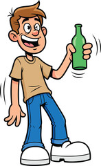 Tipsy cartoon man with a goofy grin wearing a tan shirt and blue jeans holding a green bottle.