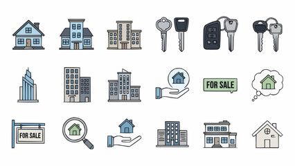 Real Estate Icons - Houses, Buildings, Keys, and For Sale Signs.
