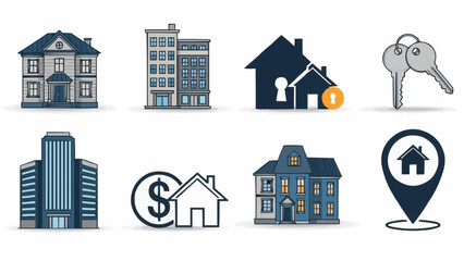 Real Estate Icons - Houses, Buildings, Keys, and Location Pin.